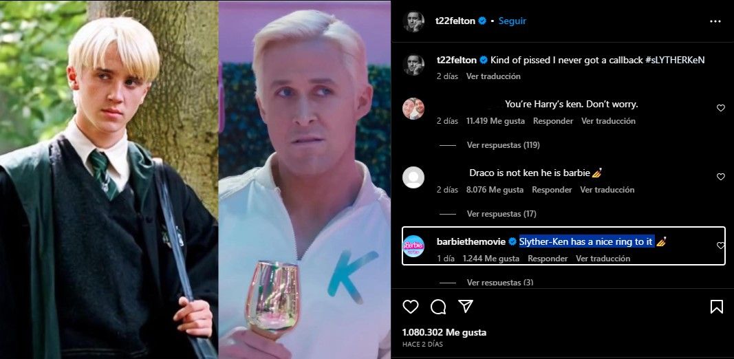 Post en Instagram de Tom Felton 